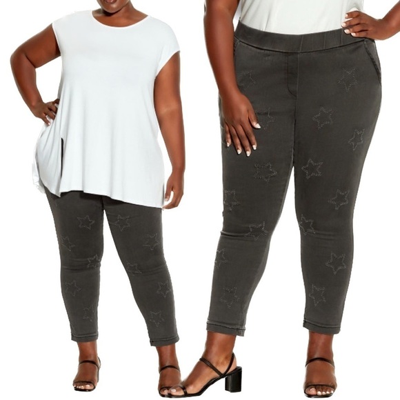 Avenue Elastic Waistband Black Star Embellished Stretch Crop Jean (JN03.5) - Picture 1 of 12